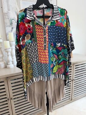 John Mark Women's Multi-Color Patchwork Collared Kaftan Tunic